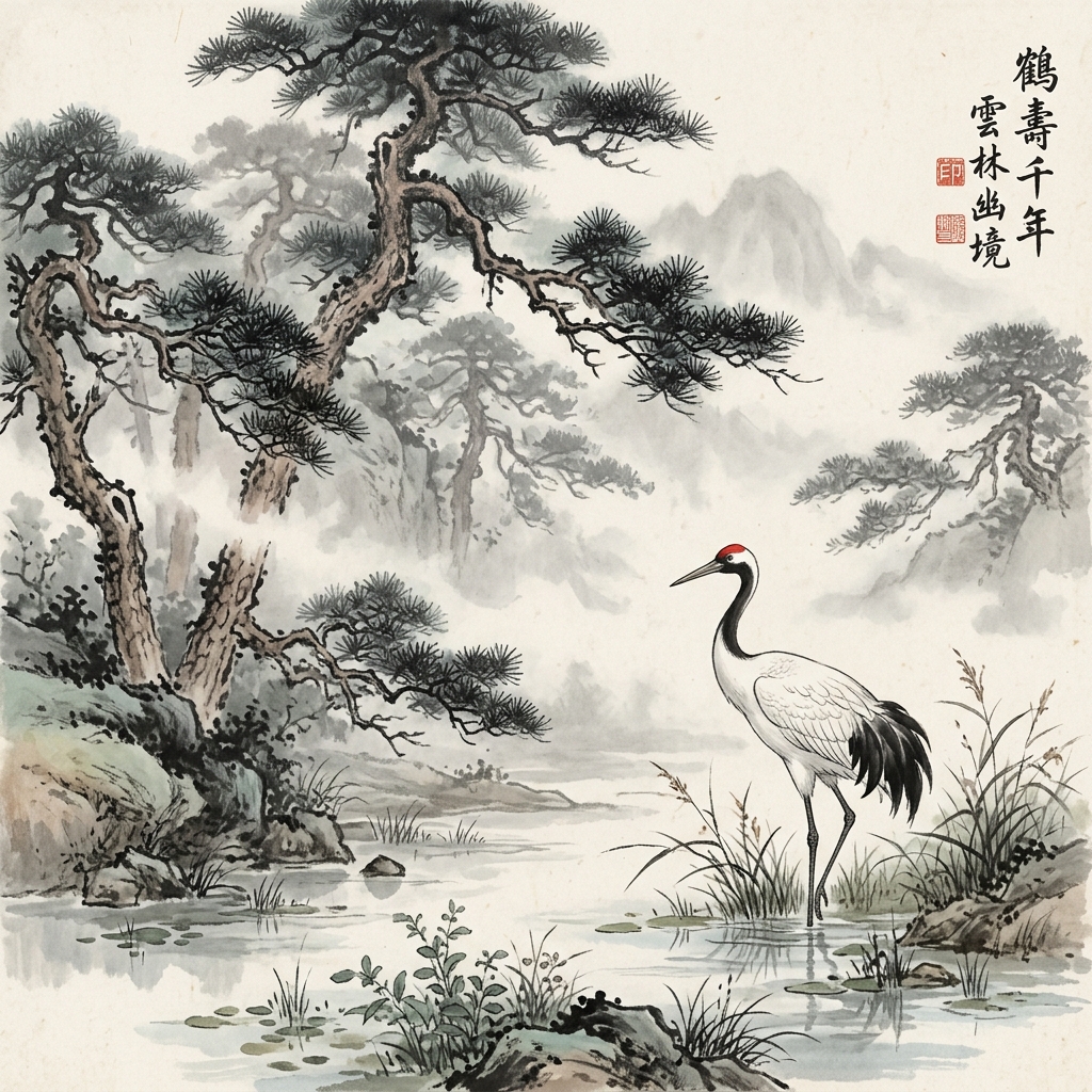 Sếu Đầu Đỏ (Red-crowned Crane): Biểu Tượng Trường Thọ Trong Tranh Thủy Mặc